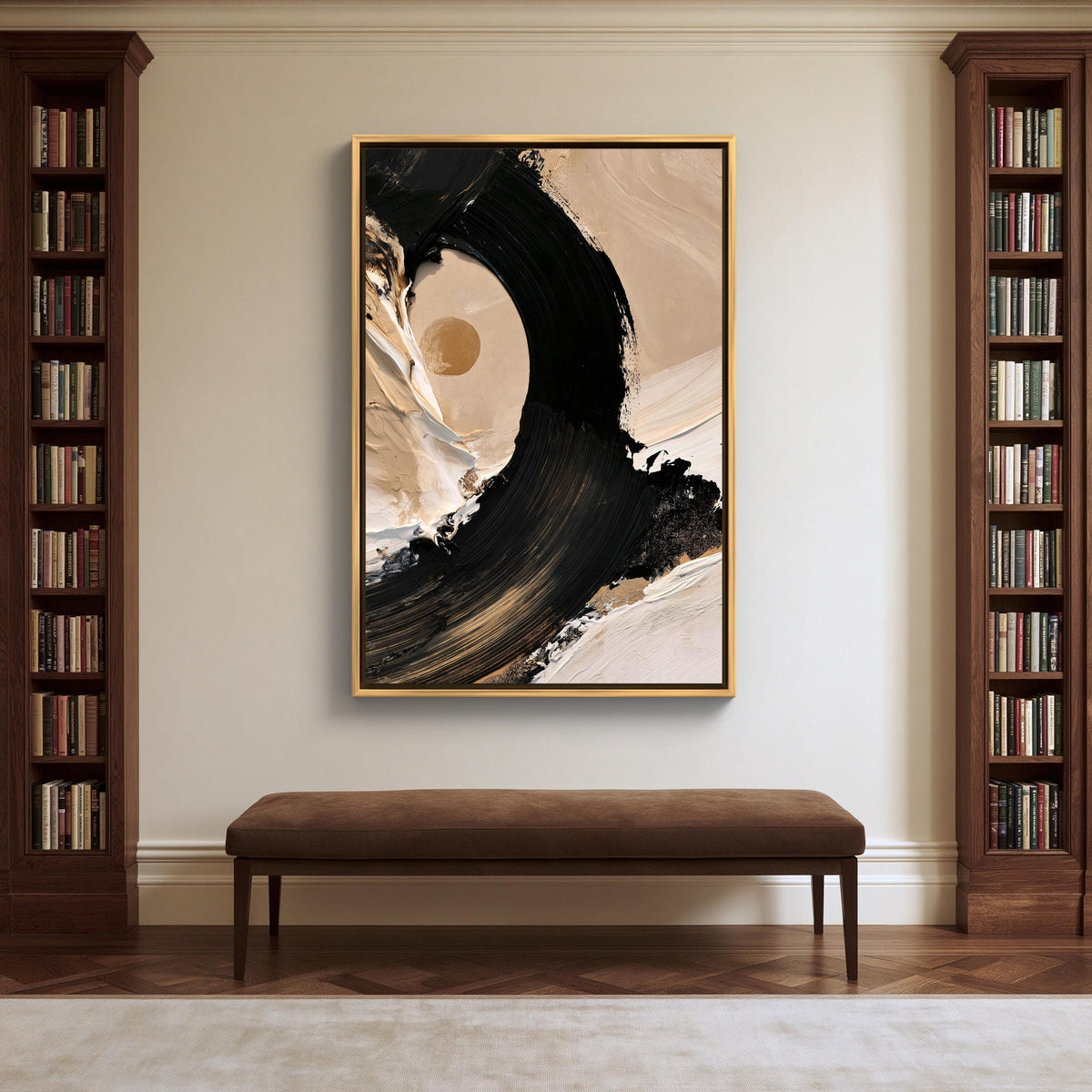 Black brush stroke sun canvas wall art, large abstract painting hanging on a white wall above a brown bench. The painting