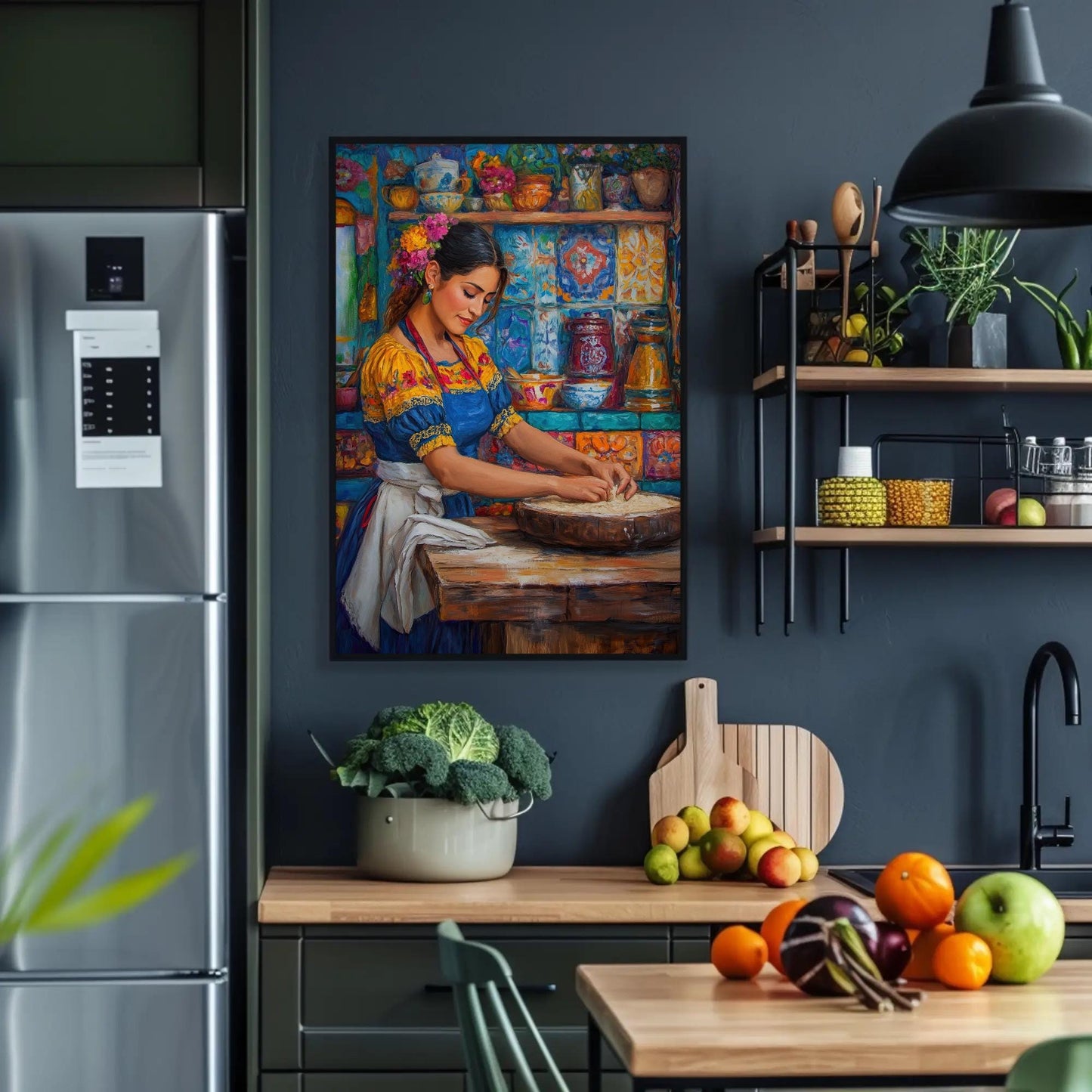 Mexican Kitchen , Abuela Tortilla canvas wall art shown in a kitchen