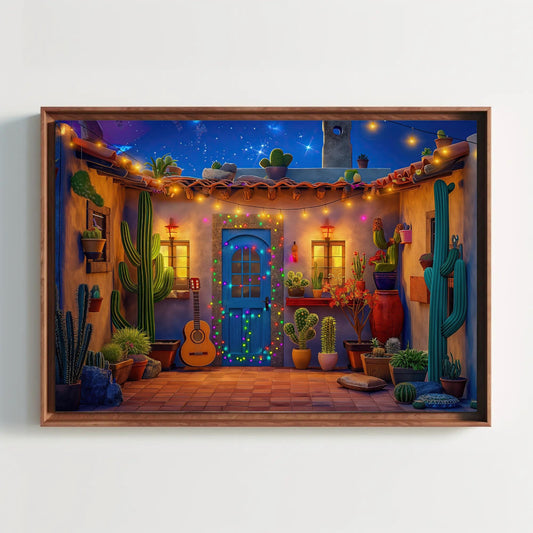a painting of a room with cactus and a guitar