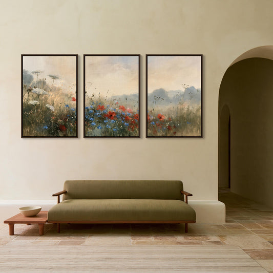 Wildflower meadow set of 3 canvas wall art, red poppies and blue cornflowers in a misty meadow