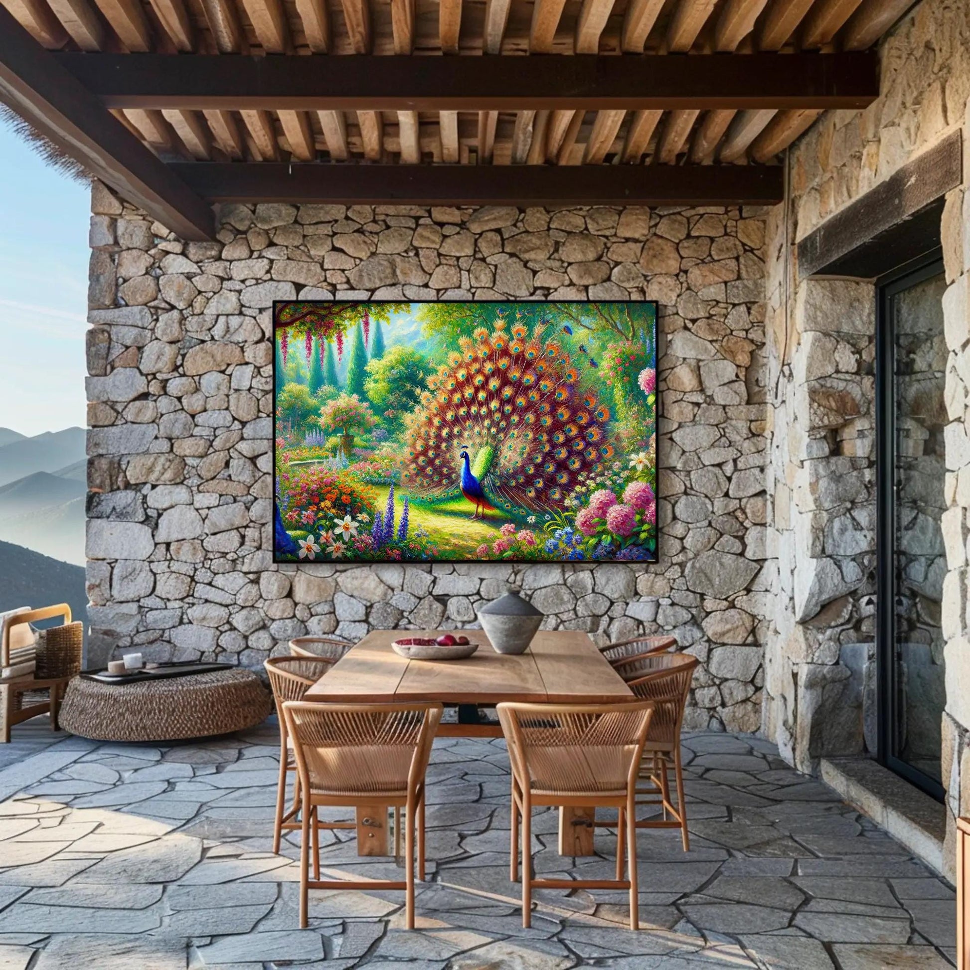 Peacock Garden canvas wall art shown in a styled room