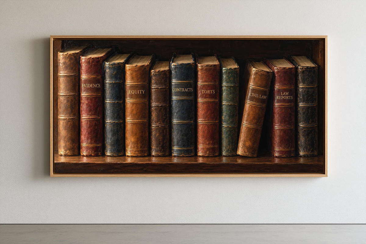 A framed arrangement of old, leather-bound books on a shelf, with the spines facing outward.