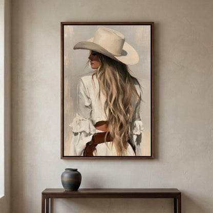 a woman with long blonde hair wearing a cowboy hat, standing in a room with a wooden table and a vase on it.