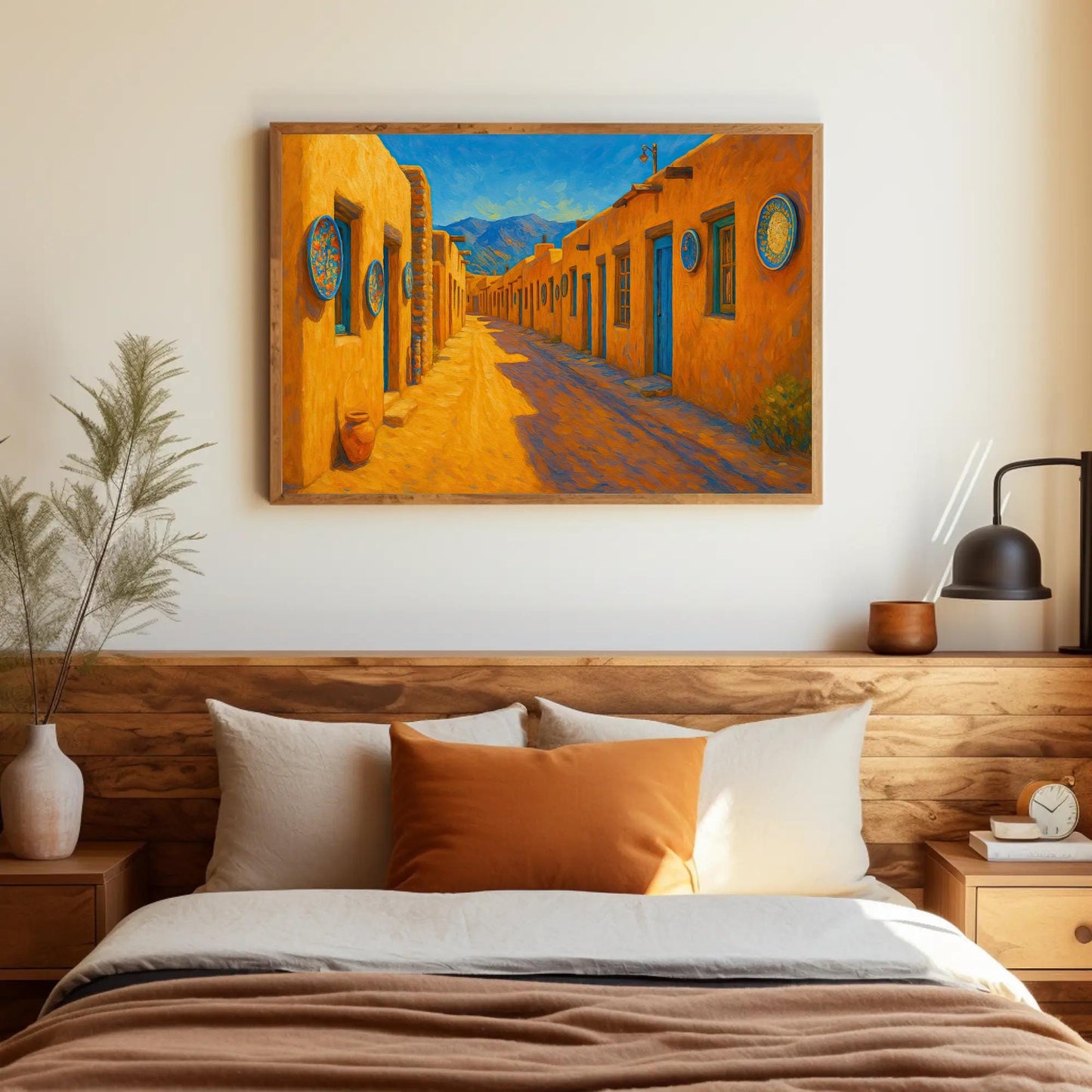 Santa Fe Adobe canvas wall art shown in a bedroom (view 4)