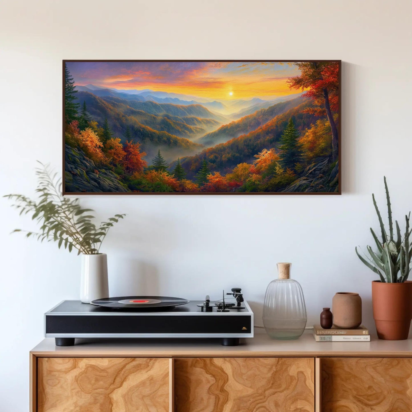 a painting on a wall above a record player
