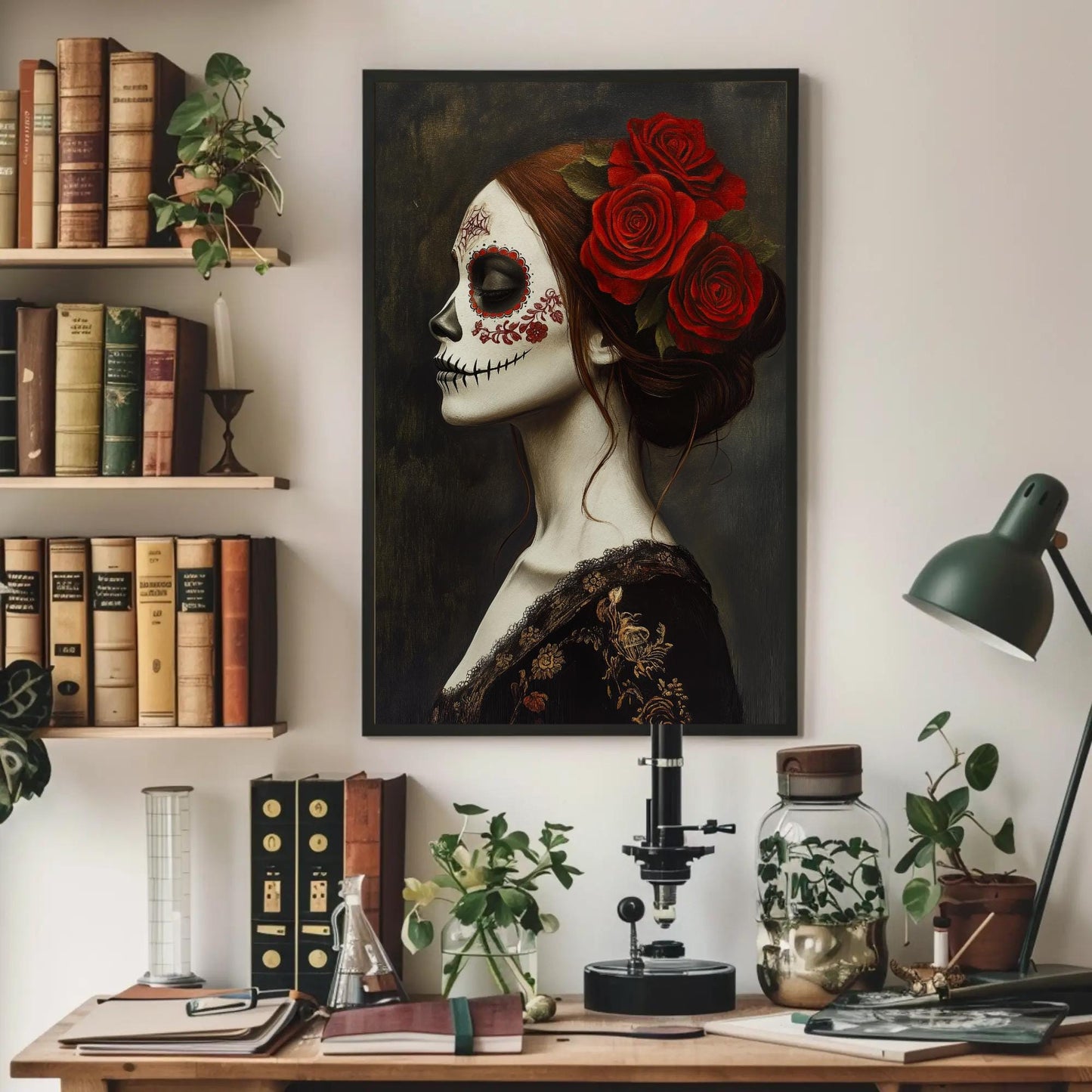 Day of the Dead canvas wall art shown above a desk