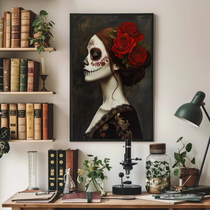 Day of the Dead canvas wall art shown above a desk