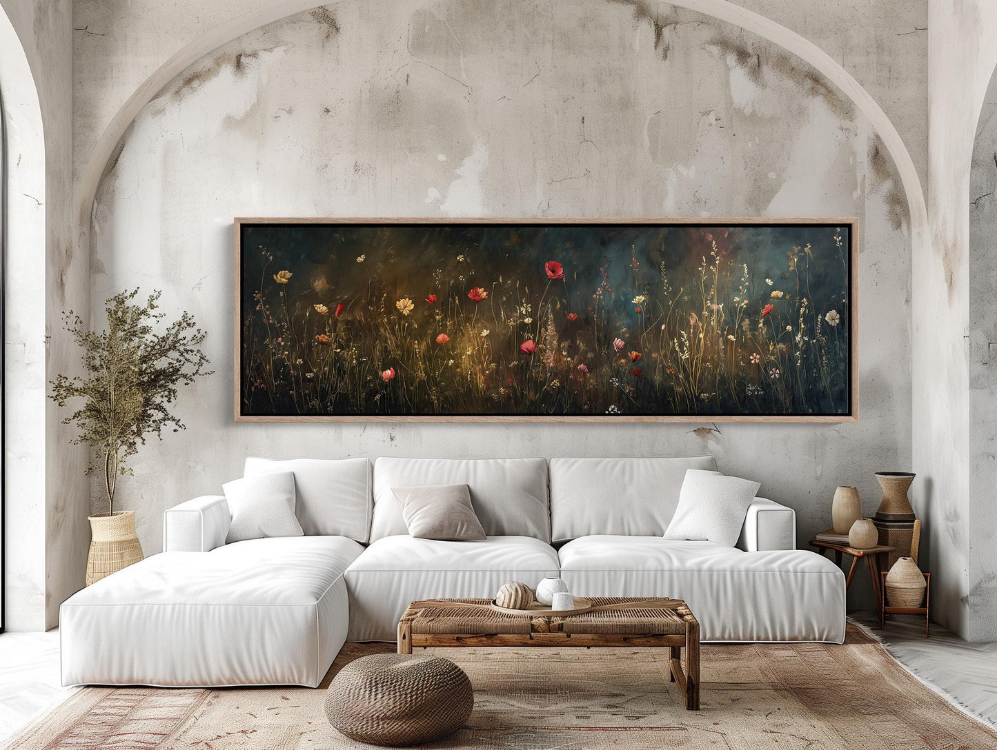 Wildflower Meadow , Dark Academia Panoramic canvas wall art shown in a living room (view 2)