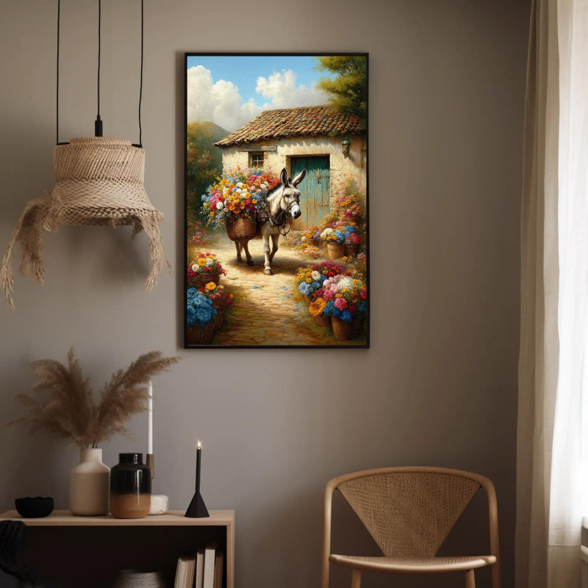 Mexican Donkey canvas wall art shown in a styled room