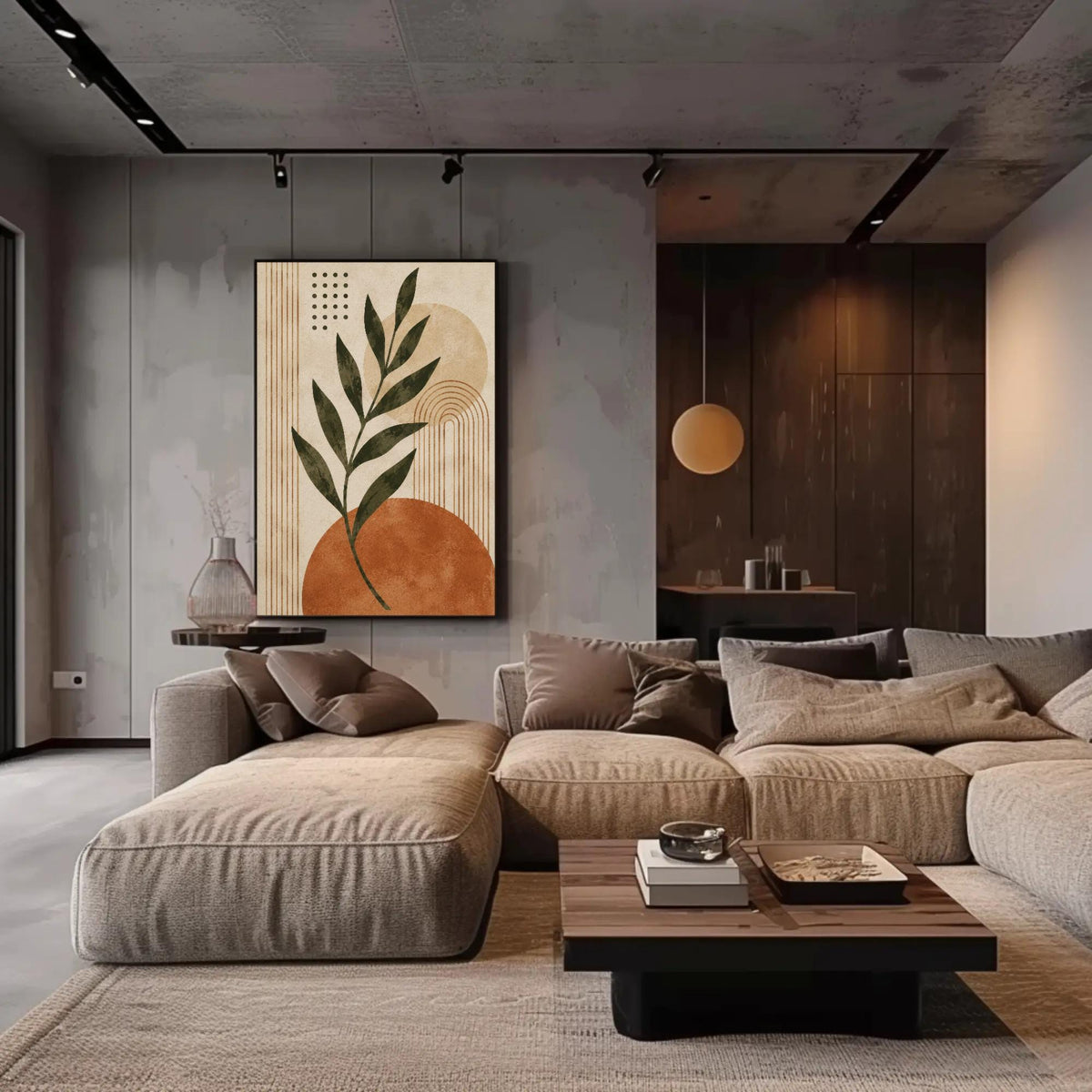 Boho leaf and sun canvas wall art, modern living room with a large sectional sofa, a wooden coffee table, and a large