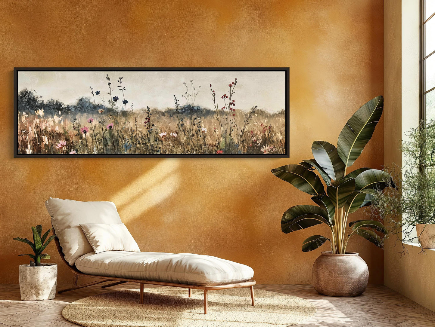 Vintage Wildflower Oilfield , Panoramic Rustic canvas wall art shown in a living room (view 3)