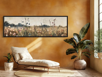 Vintage Wildflower Oilfield , Panoramic Rustic canvas wall art shown in a living room (view 3)