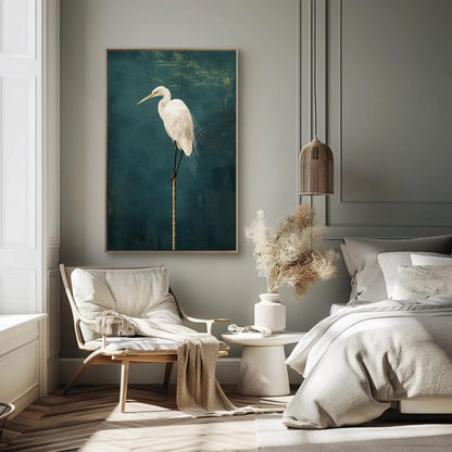 Japanese Crane , Minimalist Tsuru Bird canvas wall art shown in a styled interior