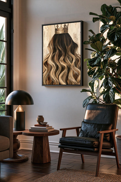 a living room with a large painting of a woman's long, wavy hair with a crown on her head, hanging on the wall. The room is furnished with a leather chair, a wooden side table, and a lamp. There are also some books and a plant in the room, adding to the cozy and stylish atmosphere.