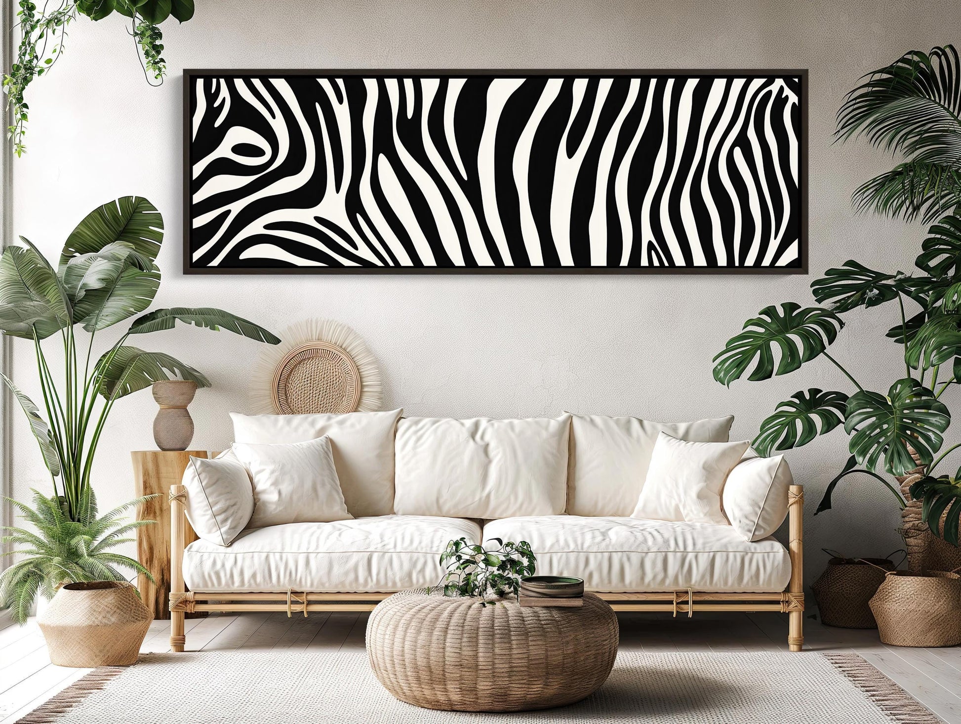 Zebra Stripe , Extra Large Black White canvas wall art shown in a living room