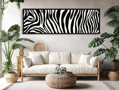 Zebra Stripe , Extra Large Black White canvas wall art shown in a living room