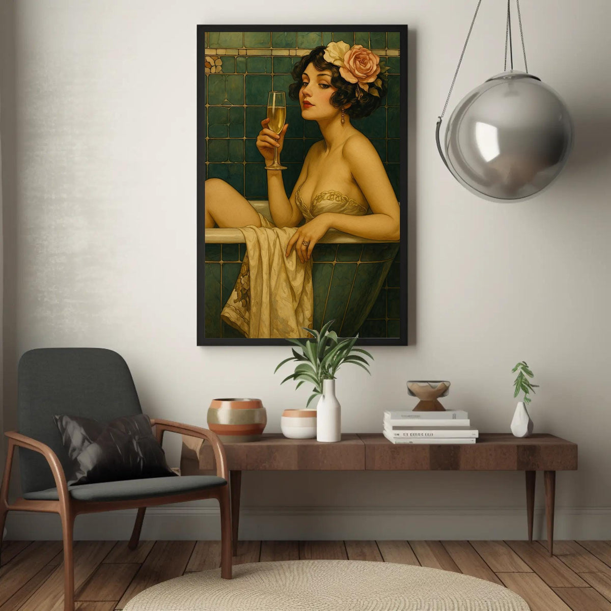 Vintage bathtub woman canvas wall art, painting of a woman holding a glass of wine