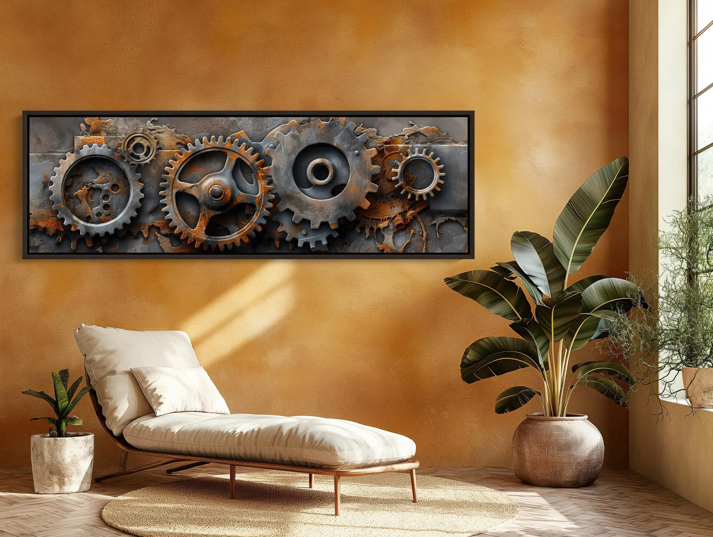Metal Gears , Industrial Steampunk Panoramic canvas wall art shown in a living room (view 3)