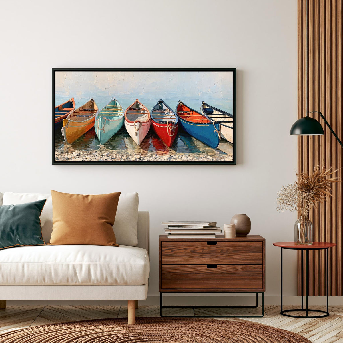 a cozy living room with a large framed painting of colorful boats on the wall above a white sofa. The painting is a vibrant display of various types of boats, creating a lively and inviting atmosphere in the room.
