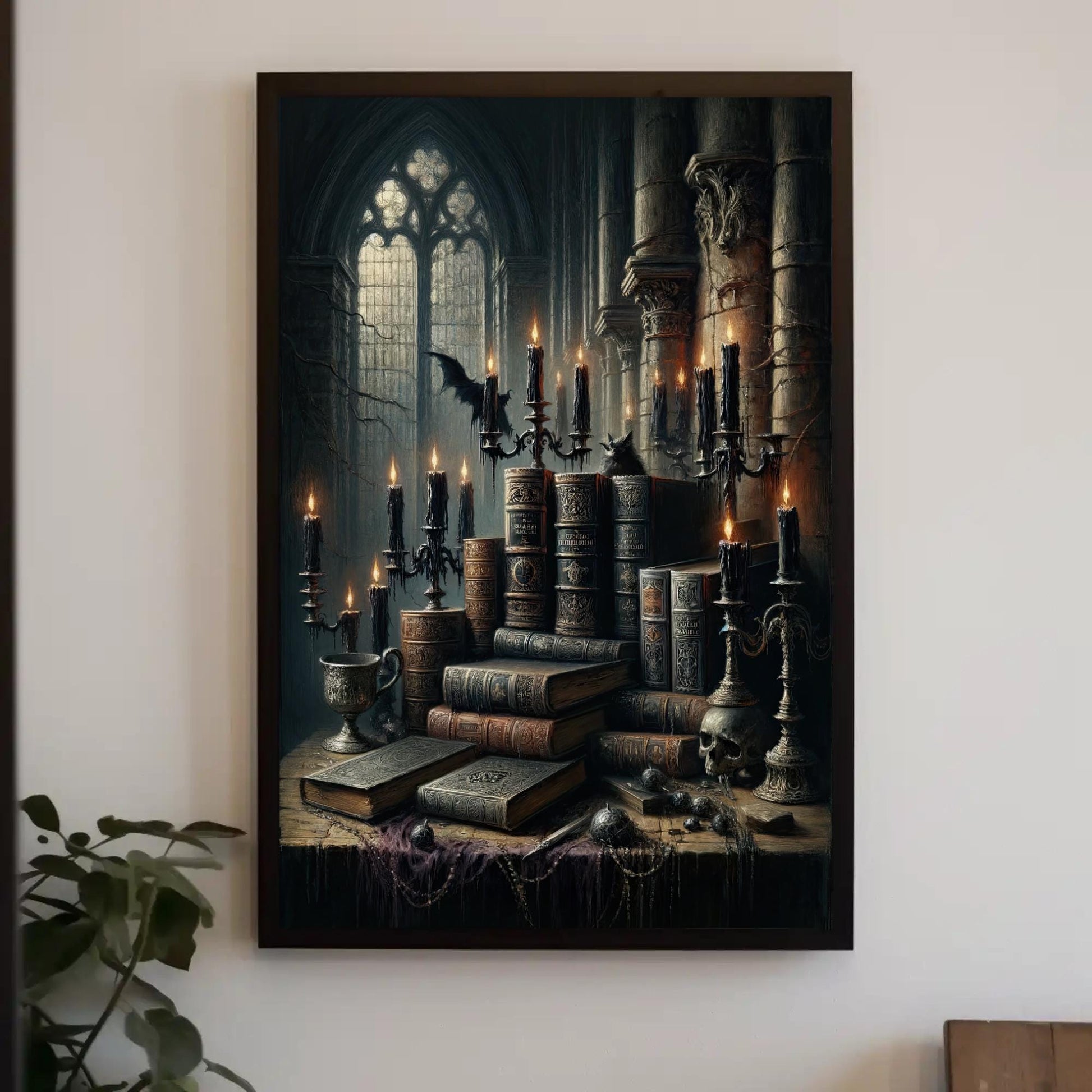 Gothic Library Canvas Print, Dark Academia Wall Art, Framed Canvas Print For Book Lovers