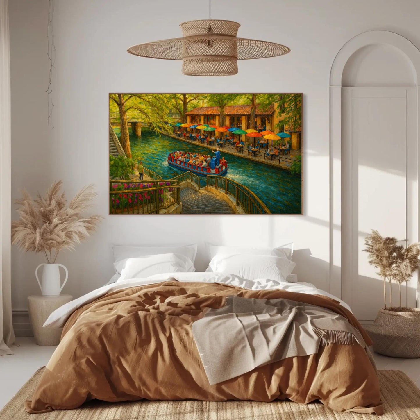 San Antonio River Walk canvas wall art shown in a bedroom (view 3)