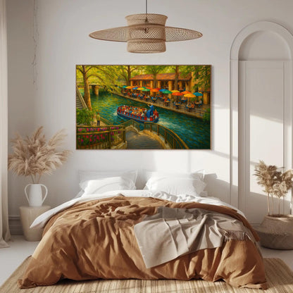 San Antonio River Walk canvas wall art shown in a bedroom (view 3)
