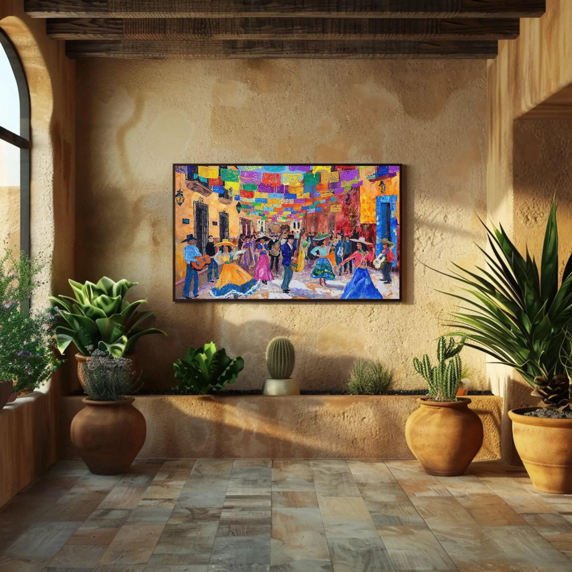 Mexican Street canvas wall art shown in a styled room