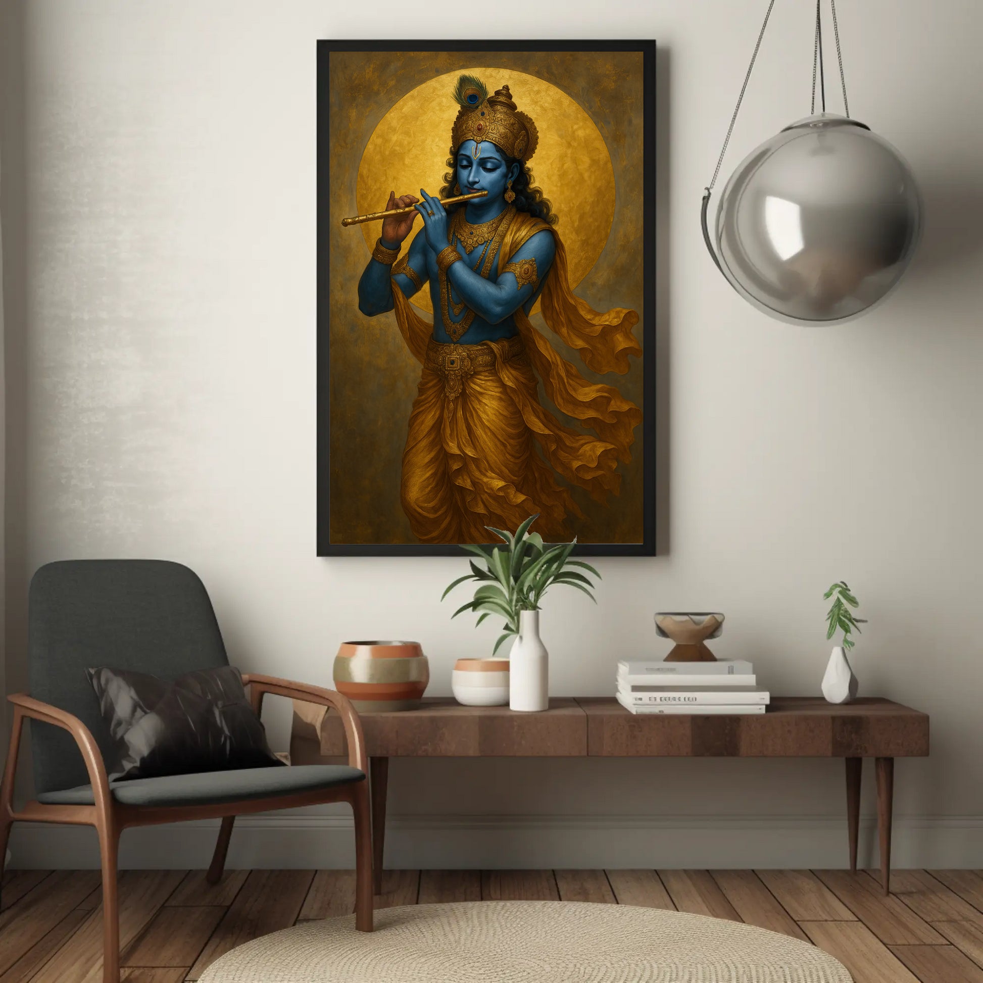 a large painting of a blue-skinned Hindu deity playing a flute, hanging on a wall above a wooden table with various decorative items.