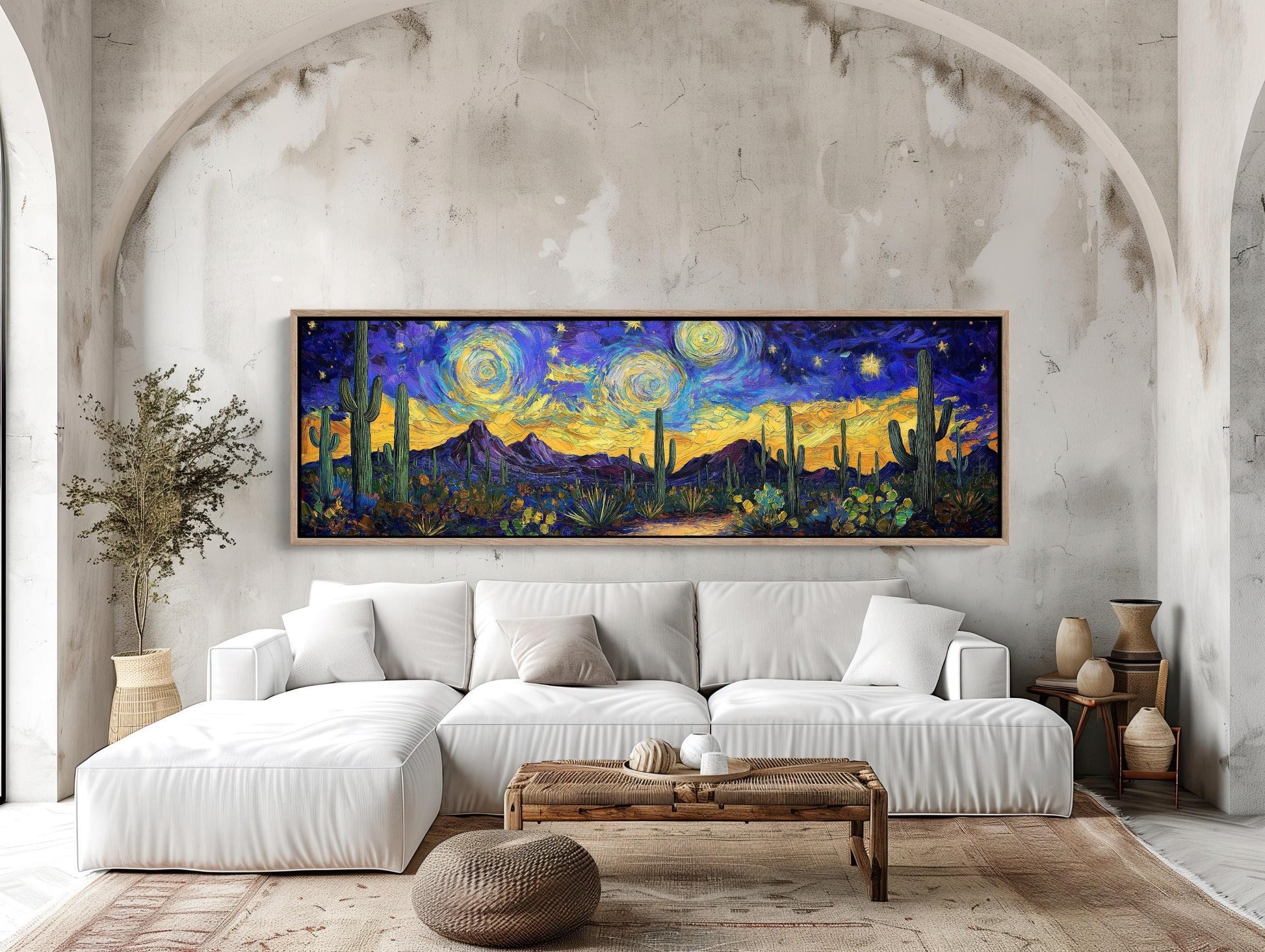 Sonoran Desert Canvas Print, Panoramic Starry Night Painting, Framed Wall Art