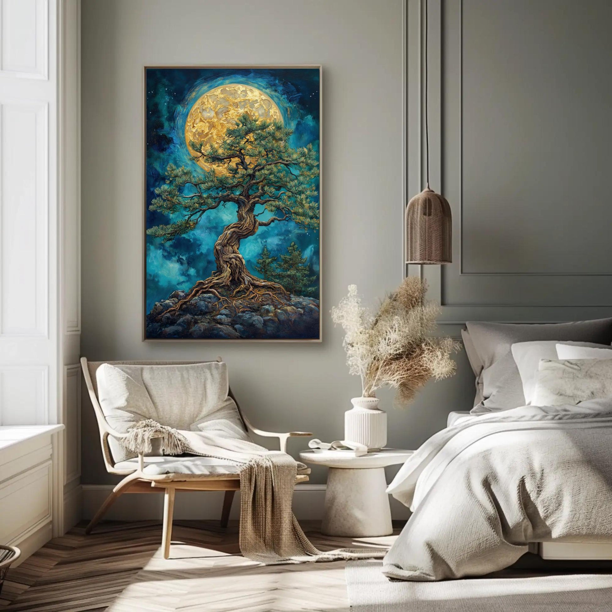 Mystic Pine canvas wall art shown in a bedroom