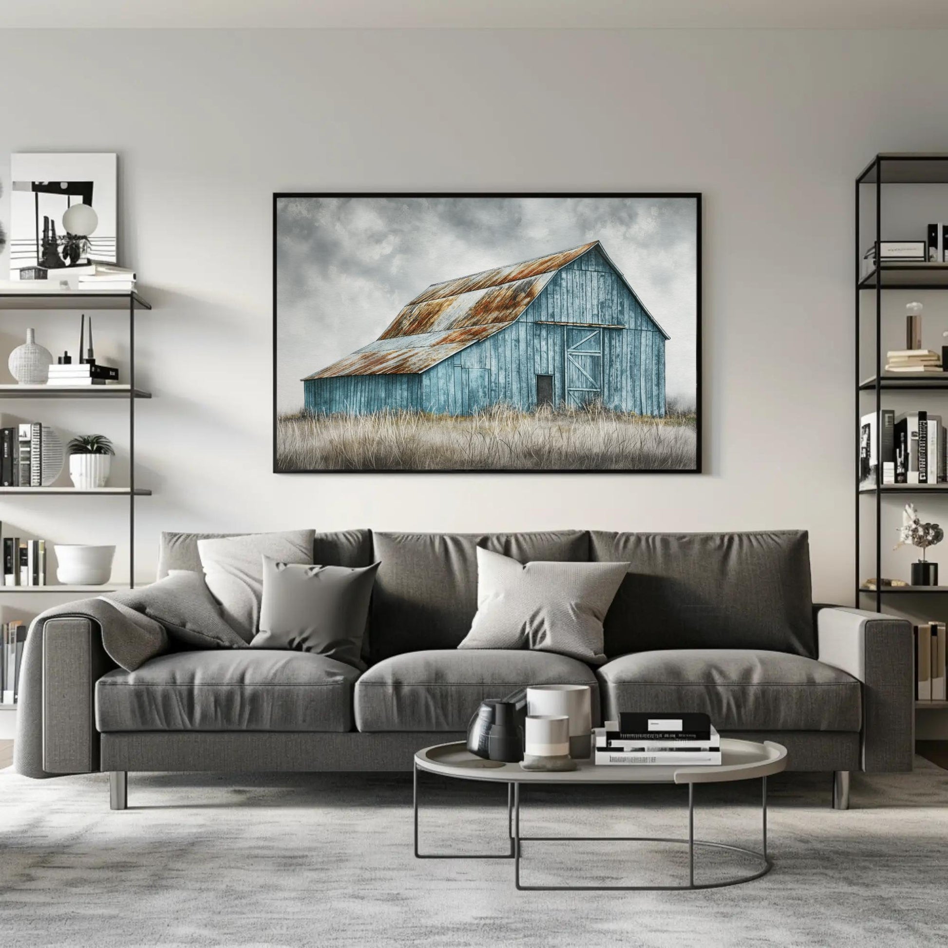 Rustic Blue Barn canvas wall art, gallery-wrapped or framed