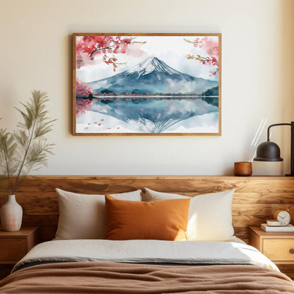 Mount Fuji canvas wall art shown in a bedroom