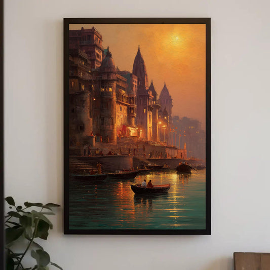 Varanasi Ghat Canvas Art – Indian Spiritual Decor | Warm Amber Temple Wall Art