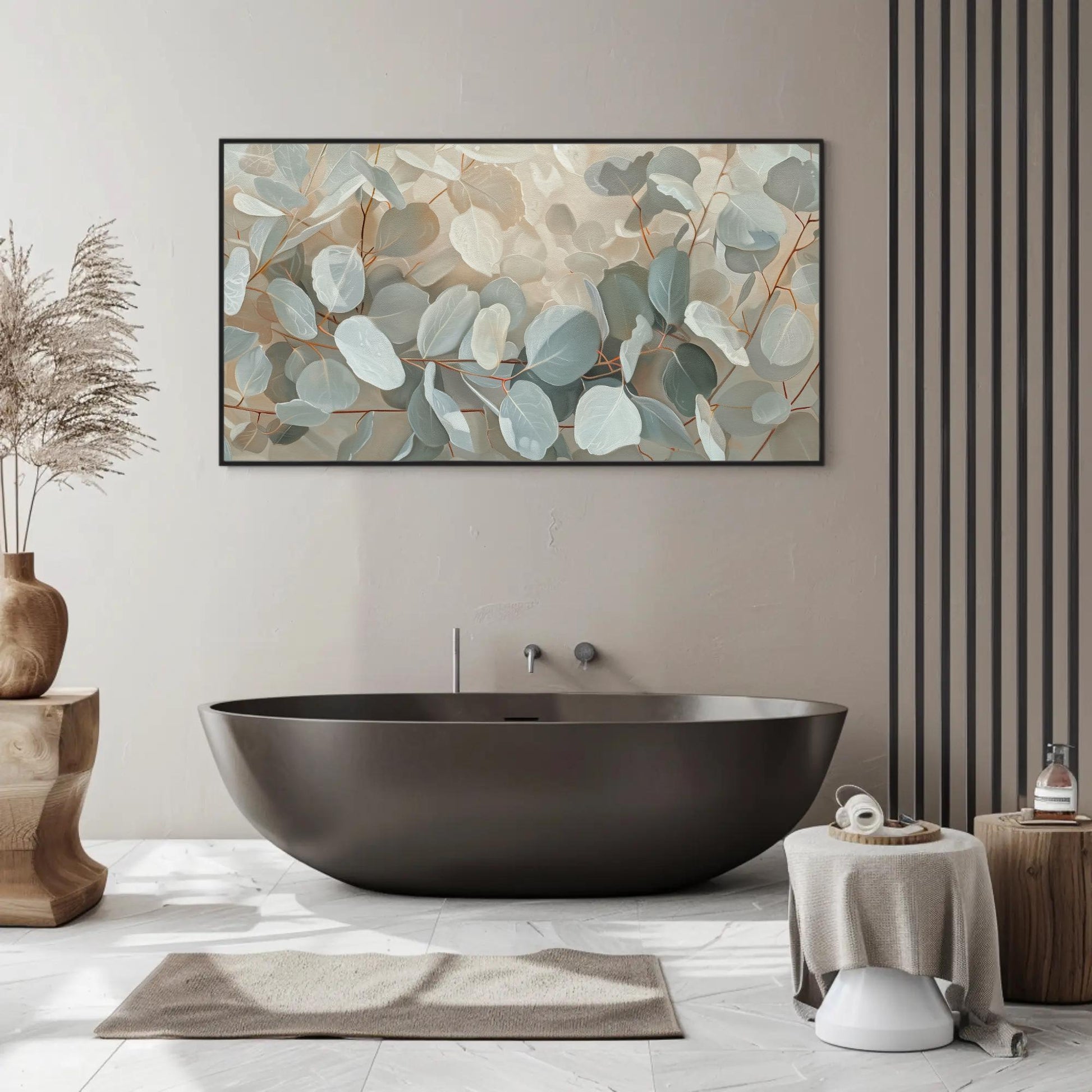 Eucalyptus Leaves Oil Painting canvas wall art shown in a styled interior (view 2)