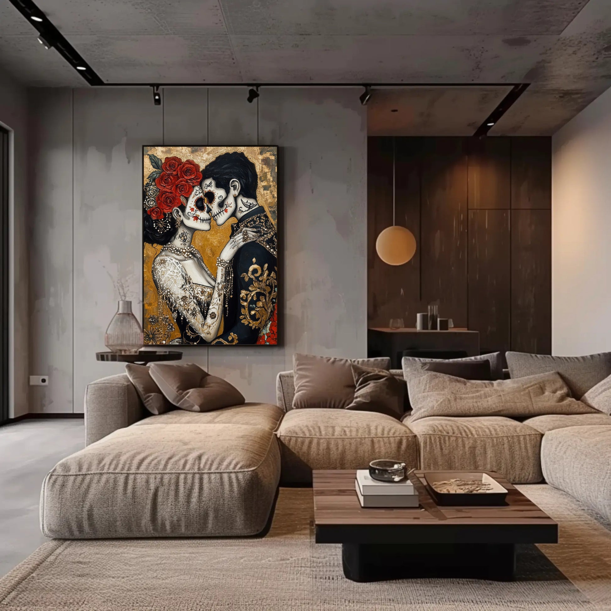 Day of the Dead canvas wall art shown in a living room
