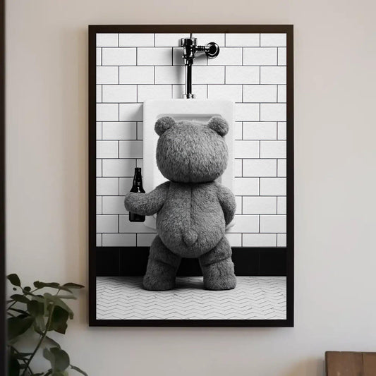 a black and white photo of a teddy bear holding a beer