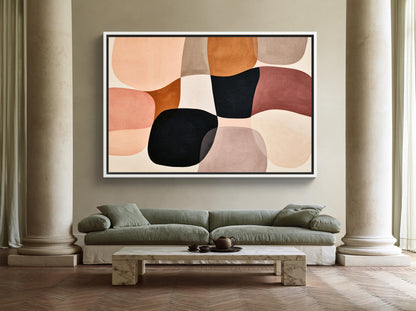 Blush organic shapes abstract canvas wall art, large abstract painting hanging on a wall above a green sofa in a modern