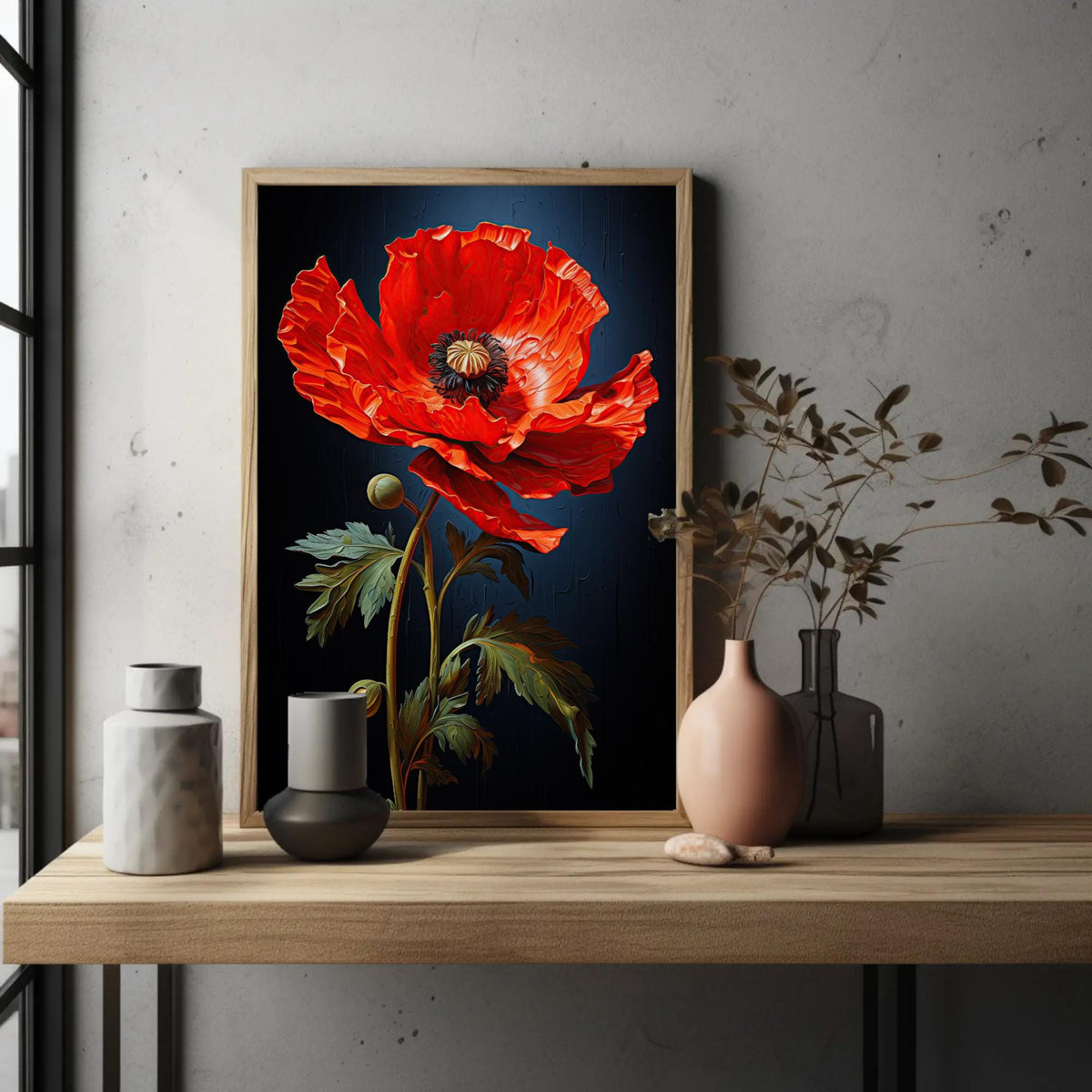 Red poppy on navy canvas wall art, wooden shelf with a framed painting of a large red flower, a vase with dried flowers, and