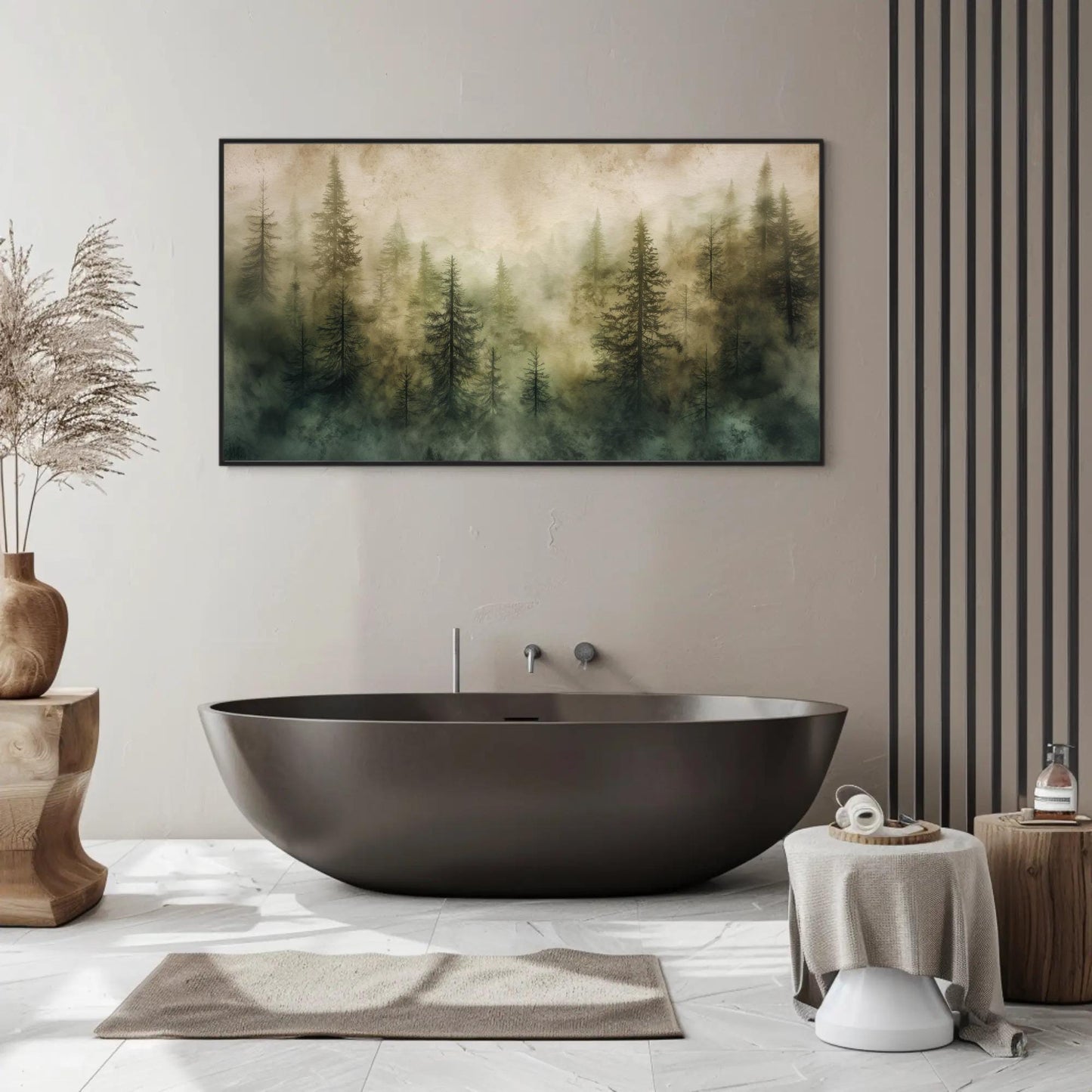 Misty Pine Forest canvas wall art shown in a bathroom
