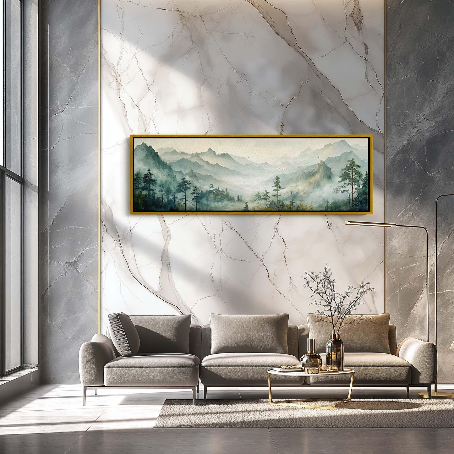 Watercolor Mountain , Green Forest Bedroom canvas wall art shown in a living room (view 3)