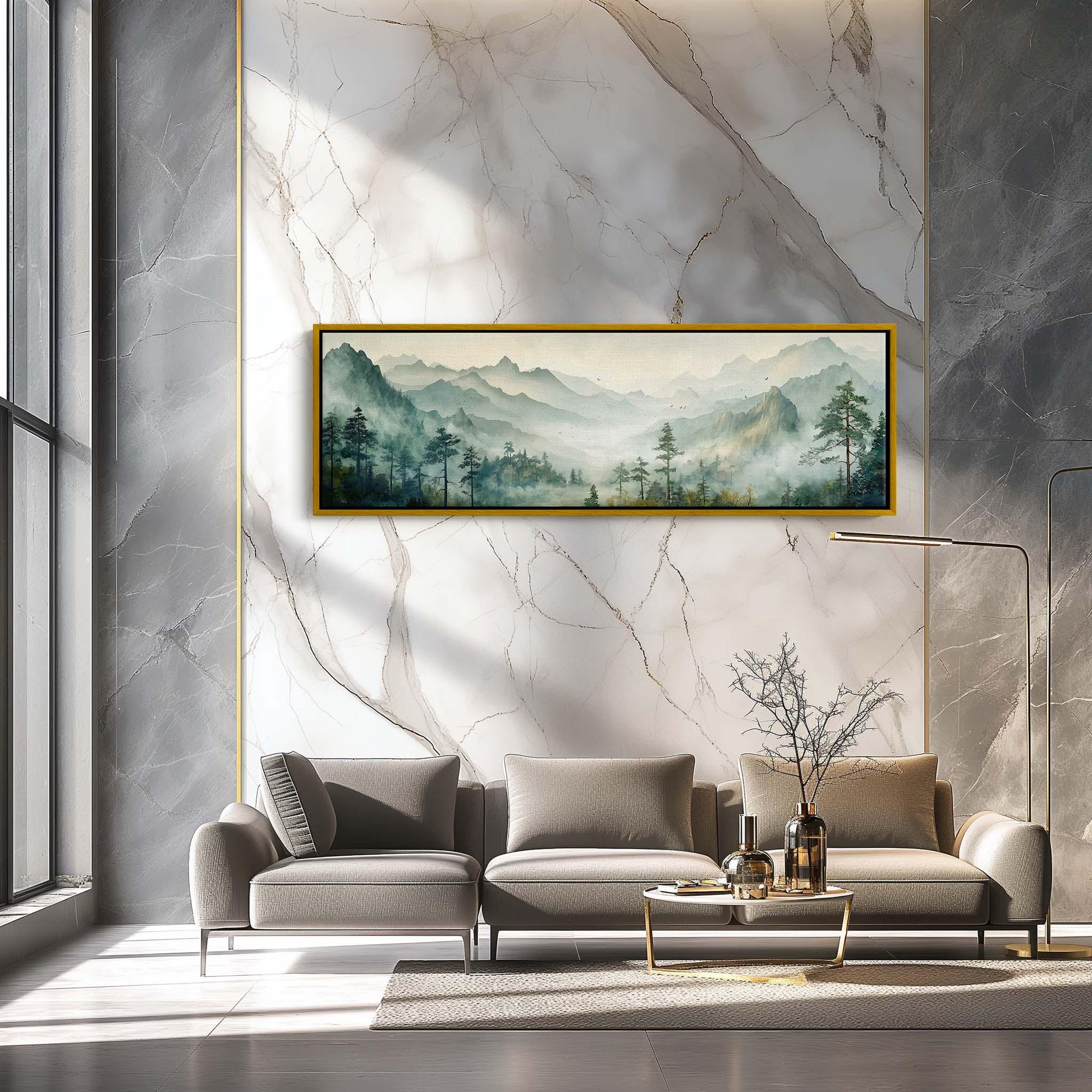 Watercolor Mountain , Green Forest Bedroom canvas wall art shown in a living room (view 3)
