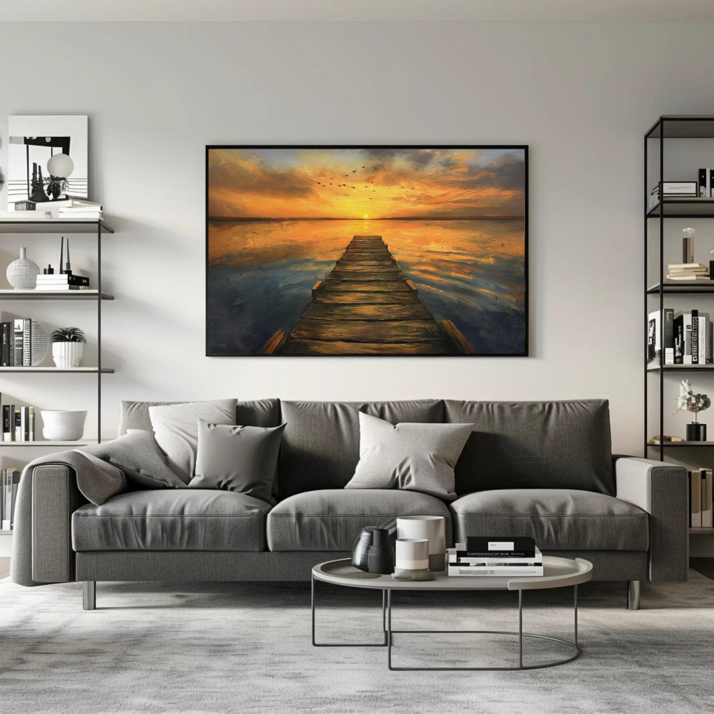 Sunset Dock Canvas - Extra Large Rustic Sunset Scene Lake House Decor Print