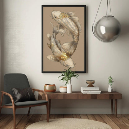 Japanese Koi Fish Art canvas wall art shown in a living room