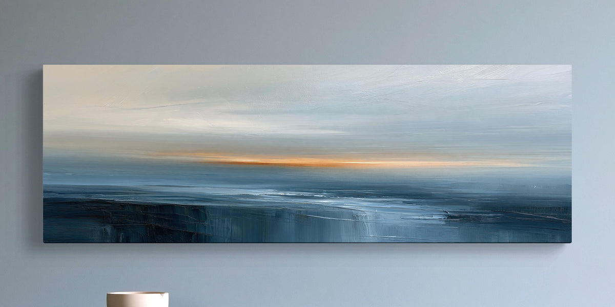 Navy orange abstract seascape canvas wall art, image is a painting depicting a serene landscape with a vast body of water