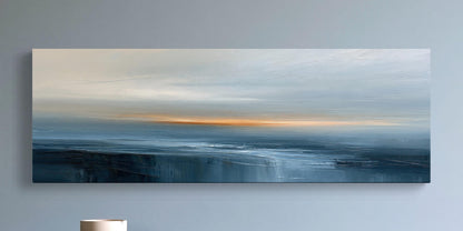 Navy orange abstract seascape canvas wall art, image is a painting depicting a serene landscape with a vast body of water
