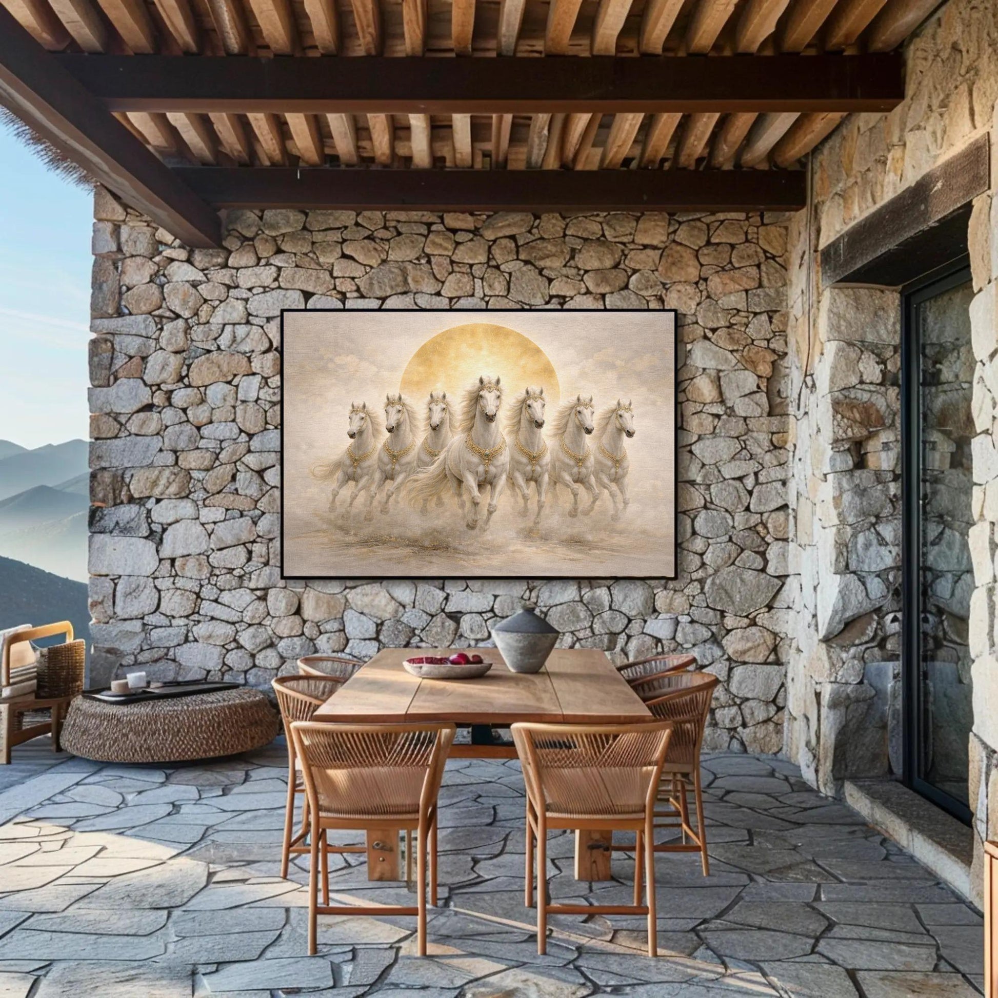 Seven White Horses , Vastu Prosperity canvas wall art shown in a dining room
