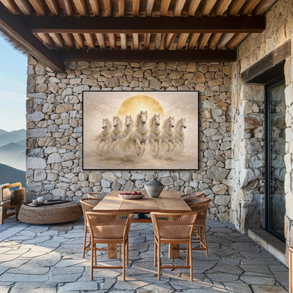 Seven White Horses , Vastu Prosperity canvas wall art shown in a dining room