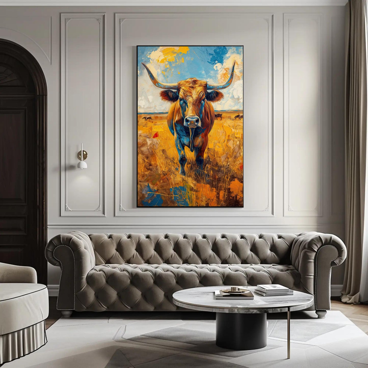 Texas Longhorn Oil Painting canvas wall art shown in a living room (view 2)