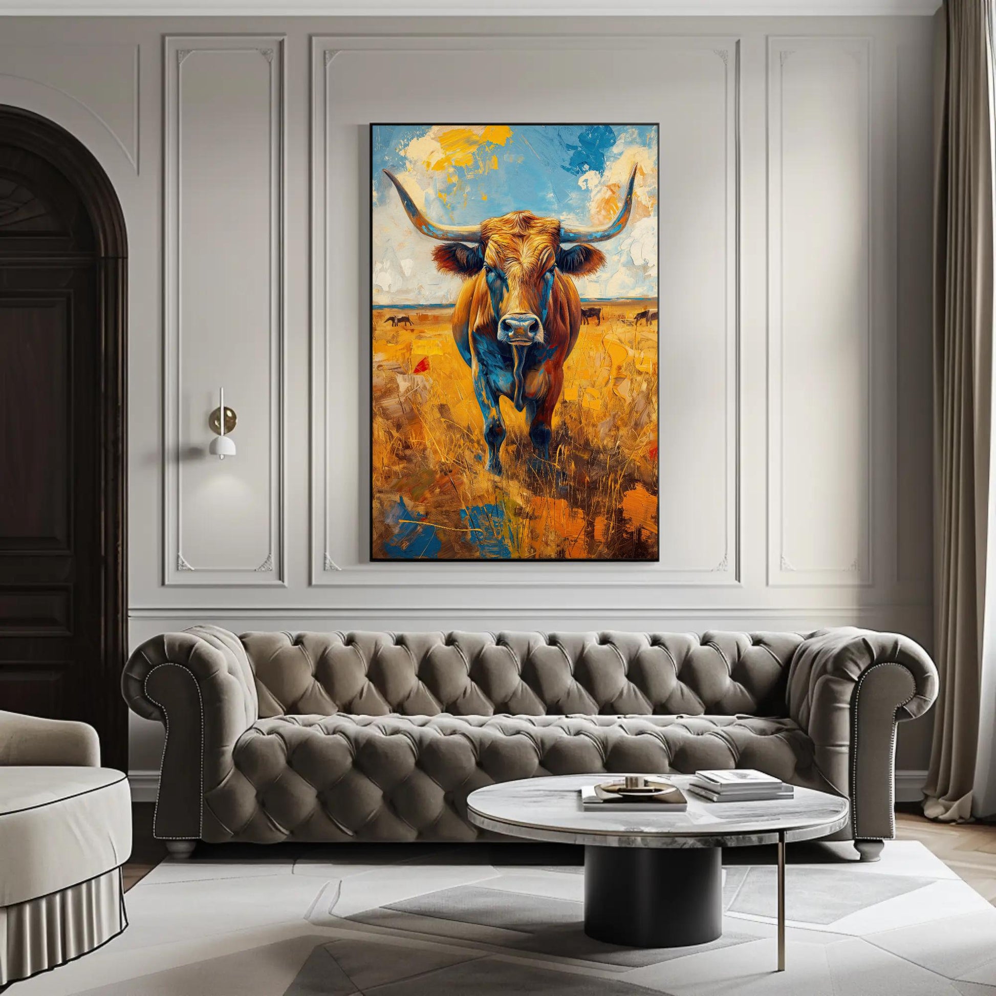 Texas Longhorn Oil Painting canvas wall art shown in a living room (view 2)
