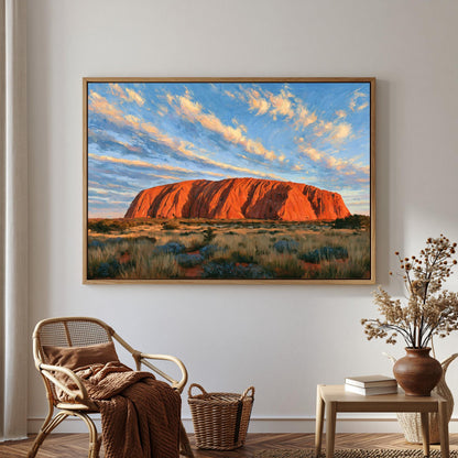 a large framed painting of Uluru, a famous red rock formation in Australia, hanging on a wall in a room with a wicker chair and a small table with a vase of flowers.